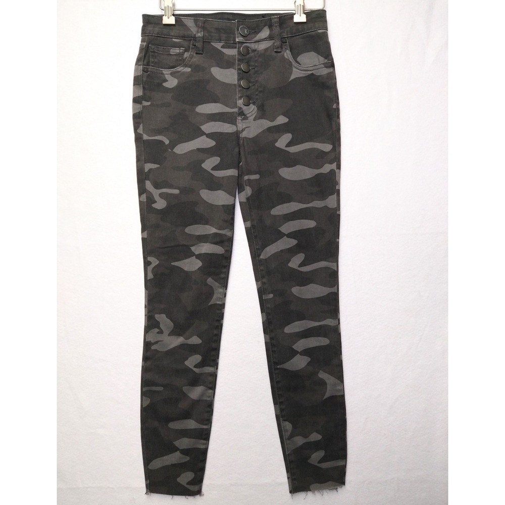 Kut From The Kloth Grey Olive Black Camo High-Rise Skinny Raw Hem Jeans Size 00